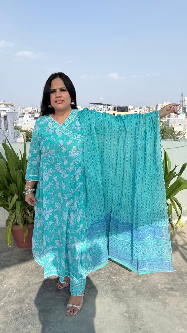 Ruaati Women Mul Cotton Sky Blue Floral Printed Anarkali Suit Set with Dupatta