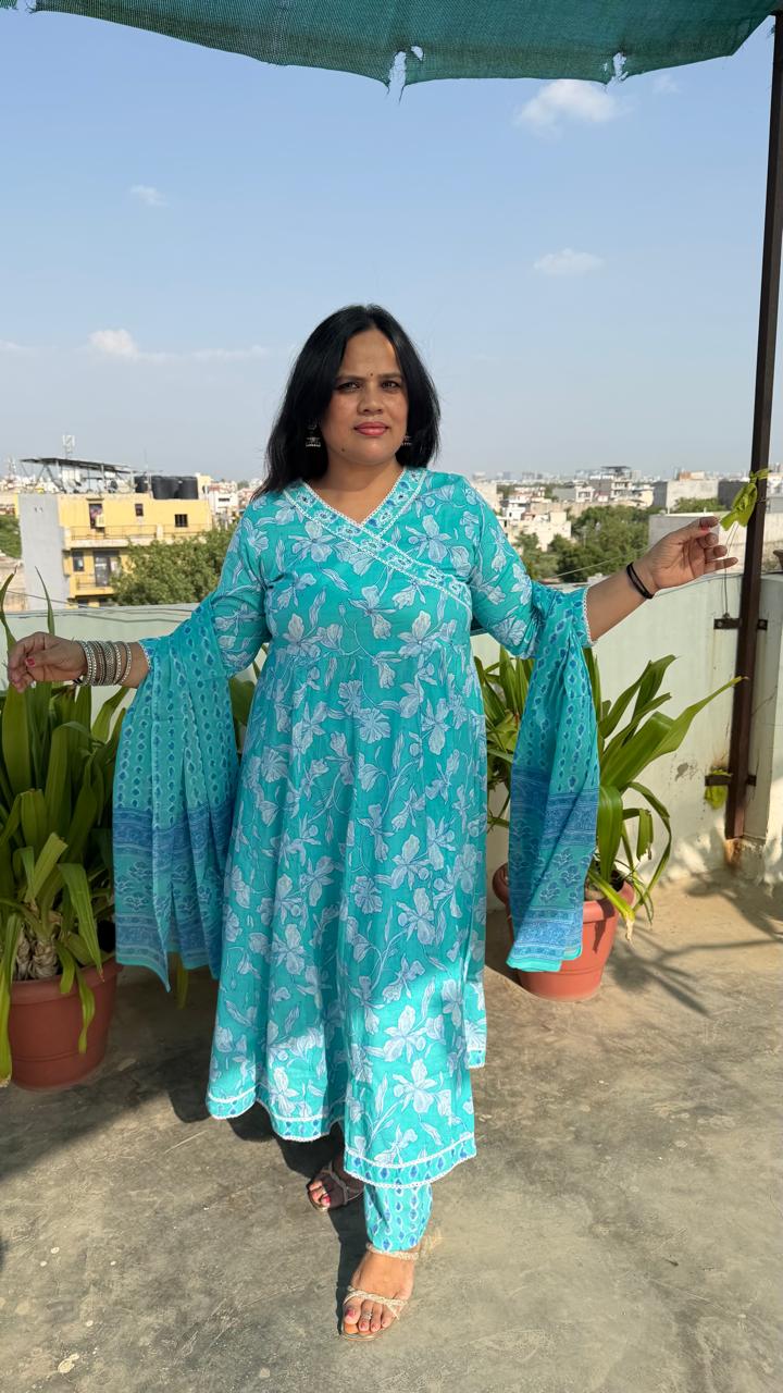 Ruaati Women Mul Cotton Sky Blue Floral Printed Anarkali Suit Set with Dupatta