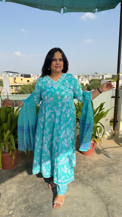 Ruaati Women Mul Cotton Sky Blue Floral Printed Anarkali Suit Set with Dupatta