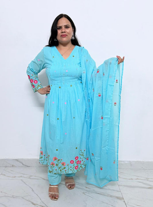 Ruaati Women's Sky Blue Embroidered Mul Cotton A-Line Kurta Pant with Embroidered Dupatta | Floral Ethnic Suit Set | Festive, Casual & Office Wear