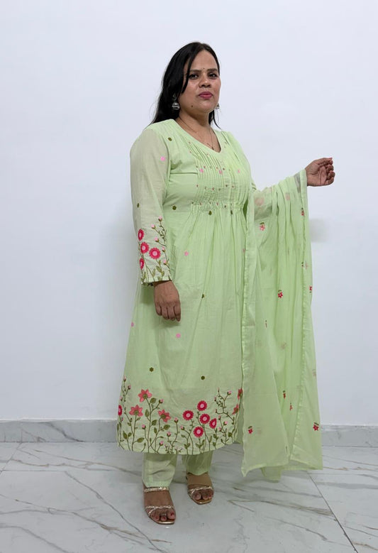 Ruaati Women's Mint Green Embroidered Mul Cotton A-Line Kurta Pant with Embroidered Dupatta | Floral Ethnic Suit Set | Festive & Casual Wear