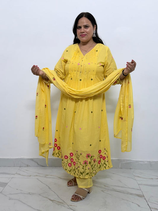 Ruaati Women's Lemon Yellow Embroidered Mul Cotton A-Line Kurta Pant with Embroidered Dupatta | Floral Ethnic Suit Set | Festive, Casual & Office Wear