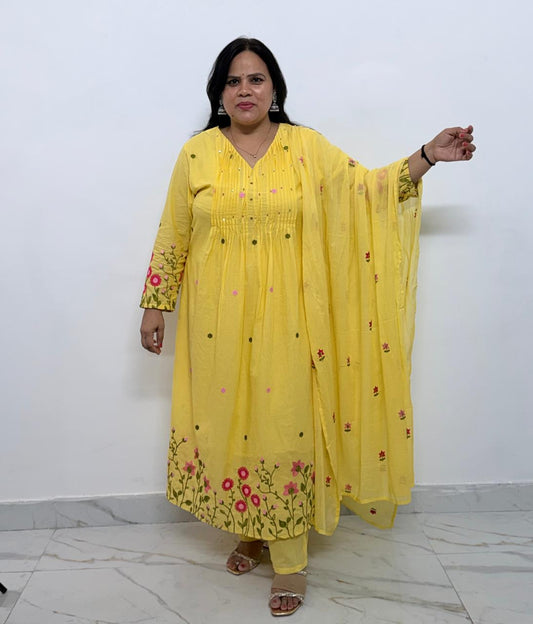 Ruaati Women's Lemon Yellow Embroidered Mul Cotton A-Line Kurta Pant with Embroidered Dupatta | Floral Ethnic Suit Set | Festive, Casual & Office Wear