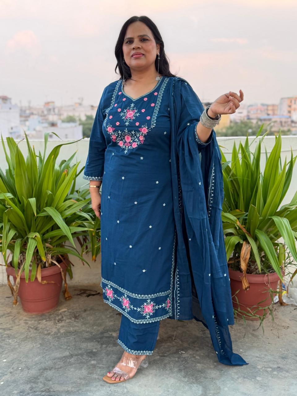 Ruaati Women Stylish Blue Mul Cotton Ethnic Set with Embroidered Detailing