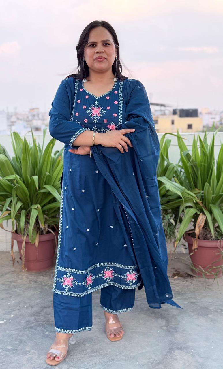 Ruaati Women Stylish Blue Mul Cotton Ethnic Set with Embroidered Detailing