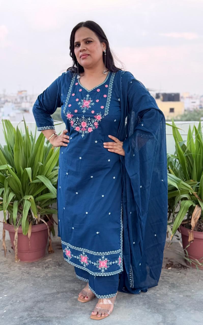 Ruaati Women Stylish Blue Mul Cotton Ethnic Set with Embroidered Detailing