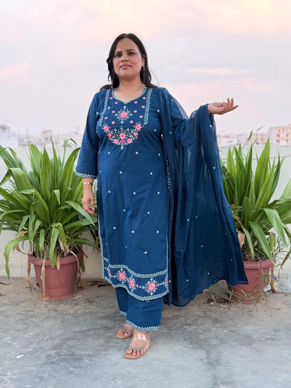 Ruaati Women Stylish Blue Mul Cotton Ethnic Set with Embroidered Detailing