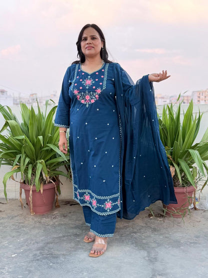 Ruaati Women Stylish Blue Mul Cotton Ethnic Set with Embroidered Detailing