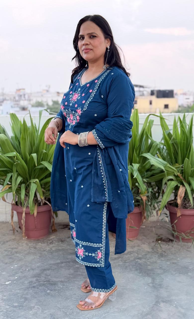 Ruaati Women Stylish Blue Mul Cotton Ethnic Set with Embroidered Detailing