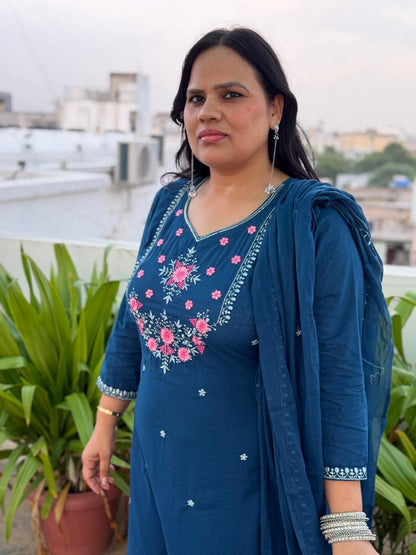 Ruaati Women Stylish Blue Mul Cotton Ethnic Set with Embroidered Detailing