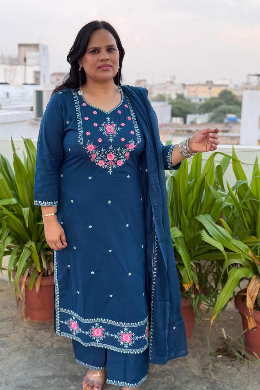 Ruaati Women Stylish Blue Mul Cotton Ethnic Set with Embroidered Detailing