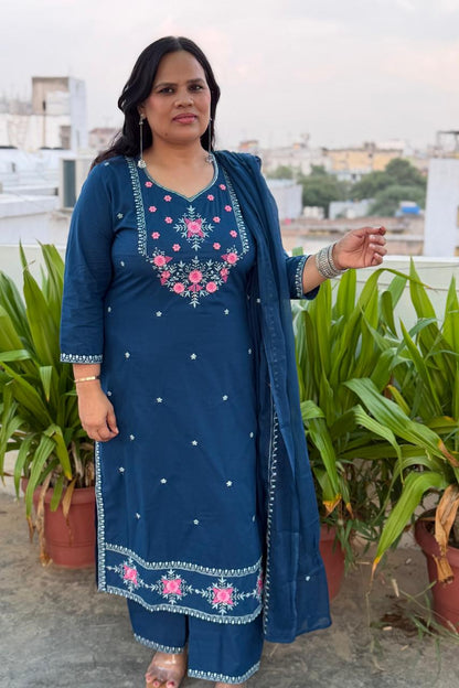 Ruaati Women Stylish Blue Mul Cotton Ethnic Set with Embroidered Detailing