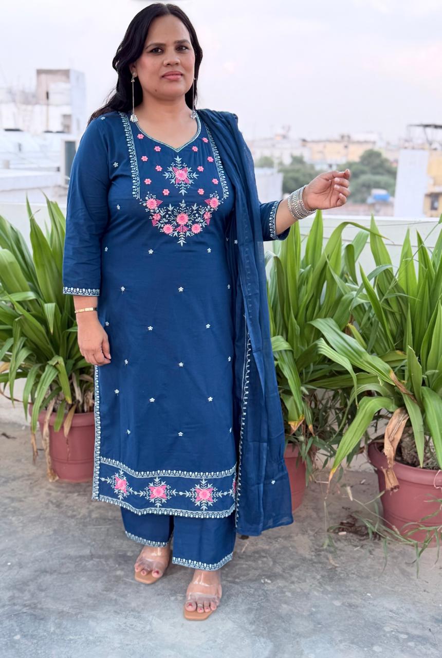 Ruaati Women Stylish Blue Mul Cotton Ethnic Set with Embroidered Detailing