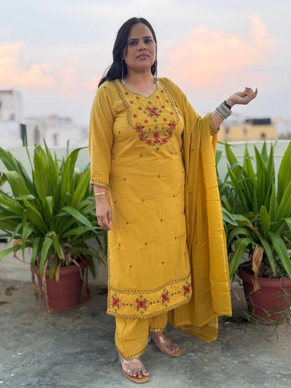 Ruaati Women Cotton Embroidered Yellow Kurta Set with Dupatta for Festive Wear