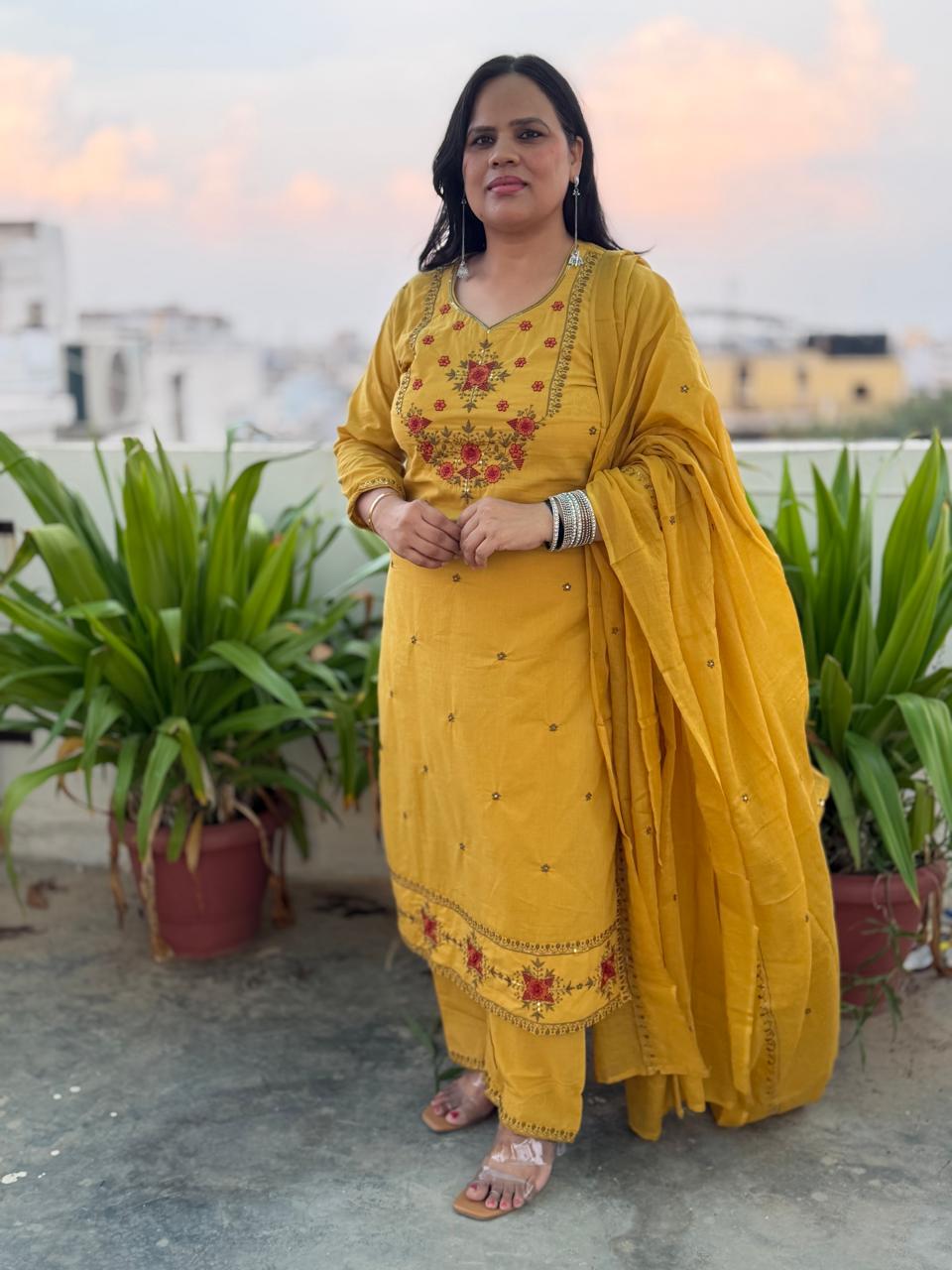 Ruaati Women Cotton Embroidered Yellow Kurta Set with Dupatta for Festive Wear