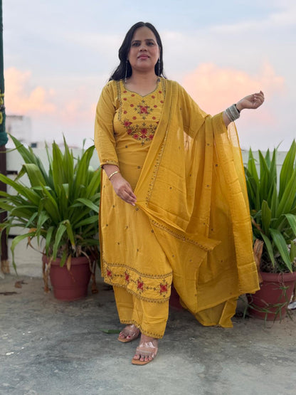 Ruaati Women Cotton Embroidered Yellow Kurta Set with Dupatta for Festive Wear