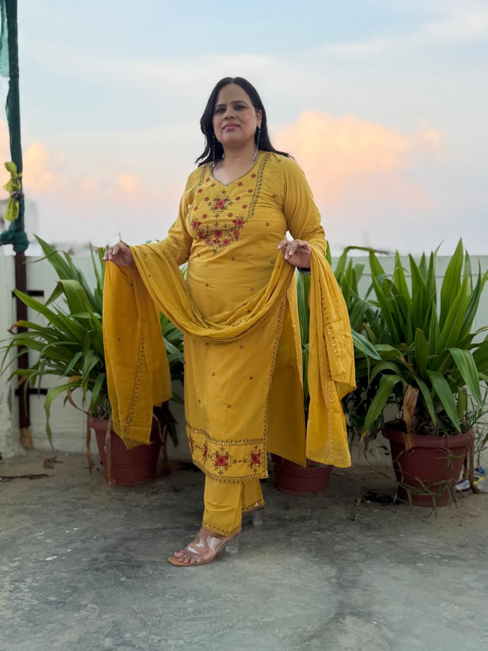 Ruaati Women Cotton Embroidered Yellow Kurta Set with Dupatta for Festive Wear