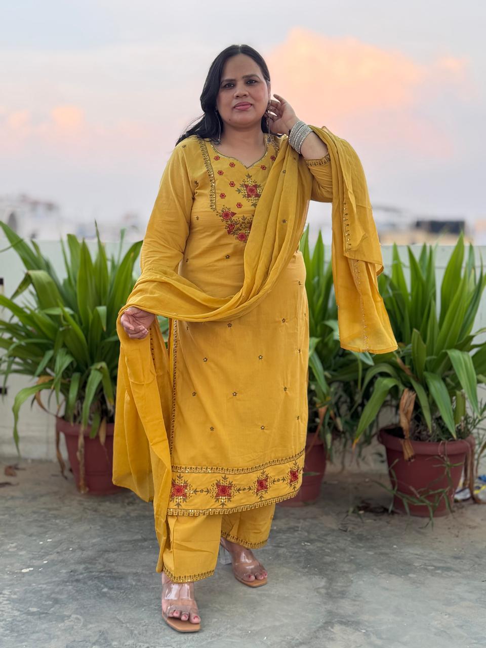 Ruaati Women Cotton Embroidered Yellow Kurta Set with Dupatta for Festive Wear