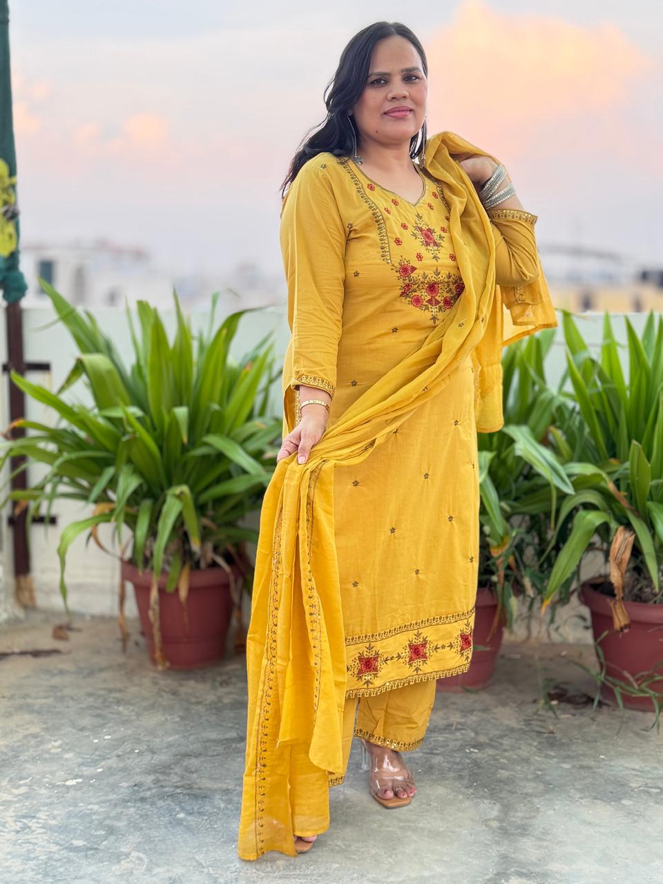 Ruaati Women Cotton Embroidered Yellow Kurta Set with Dupatta for Festive Wear