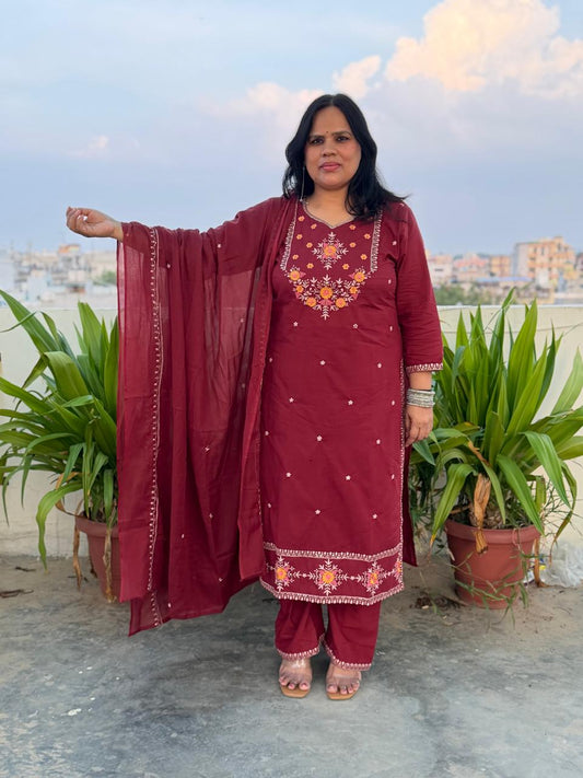 Ruaati Women Stylish Maroon Mul Cotton Ethnic Set with Embroidered Detailing