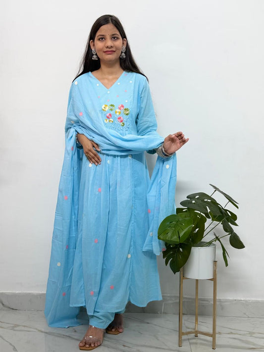 Ruaati Women Mul Cotton Blue Embroidered Kurta Set with Dupatta for Festive Wear