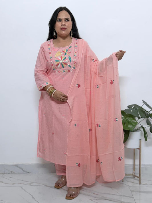 Ruaati Women Light Pink Mul Cotton Kurta Set with Floral Embroidery Work