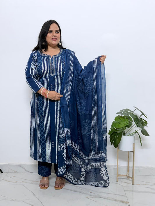 Ruaati Women Premium Cotton Navy Blue Printed Kurta Pant Set with Designer Dupatta