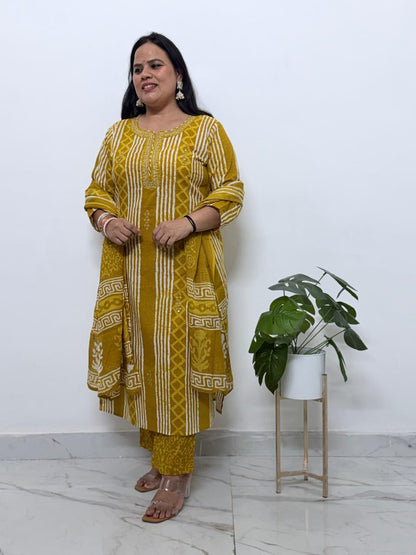 Ruaati Women Premium Cotton Yellow Printed Kurta Pant Set with Designer Dupatta