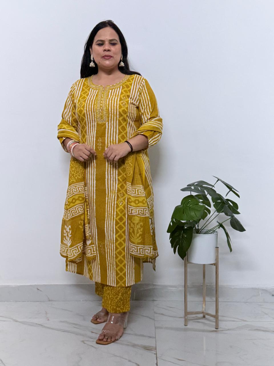 Ruaati Women Premium Cotton Yellow Printed Kurta Pant Set with Designer Dupatta