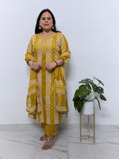 Ruaati Women Premium Cotton Yellow Printed Kurta Pant Set with Designer Dupatta