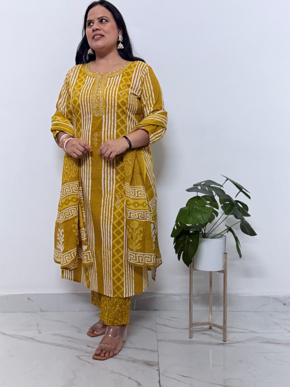 Ruaati Women Premium Cotton Yellow Printed Kurta Pant Set with Designer Dupatta