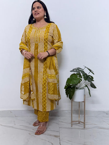 Ruaati Women Premium Cotton Yellow Printed Kurta Pant Set with Designer Dupatta