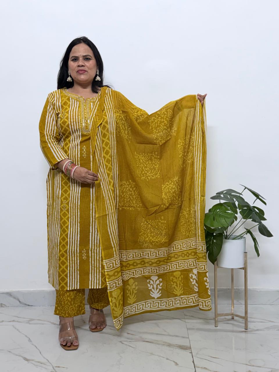 Ruaati Women Premium Cotton Yellow Printed Kurta Pant Set with Designer Dupatta