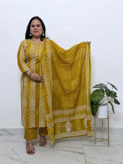 Ruaati Women Premium Cotton Yellow Printed Kurta Pant Set with Designer Dupatta