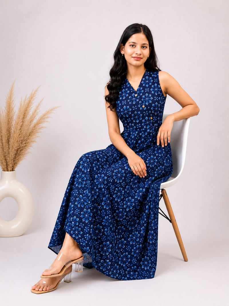 Navy Blue Floral Cotton Maxi Dress for Women