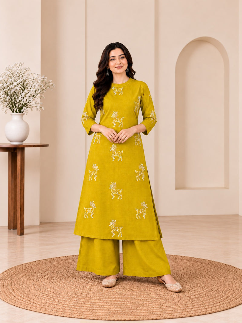 Olive Green Deer Print Cotton Kurta Set