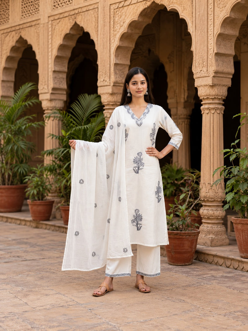 Off-White Floral Printed Straight Suit Set
