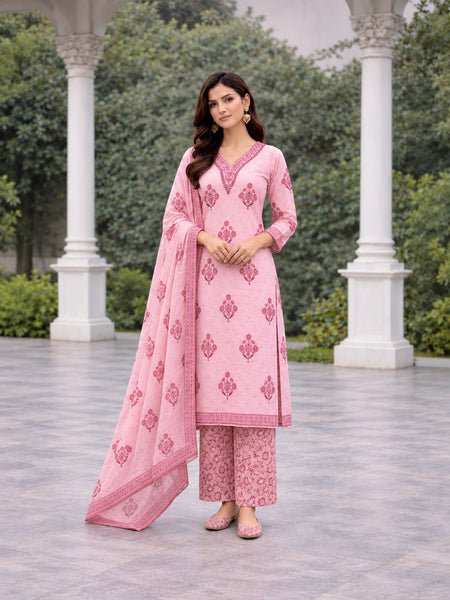 Pink Floral Printed Straight Suit Set