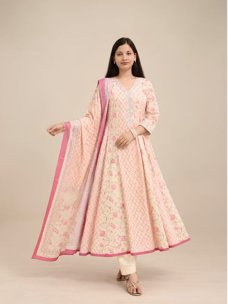 Cream Floral Printed Anarkali Set
