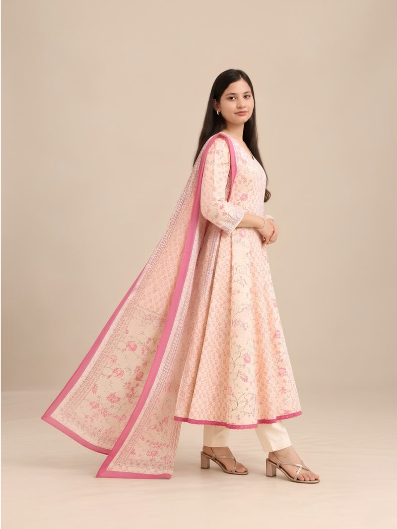Cream Floral Printed Anarkali Set