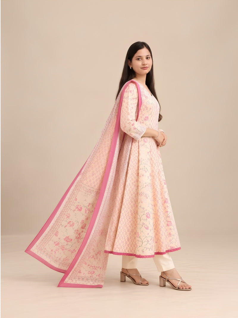 Cream Floral Printed Anarkali Set