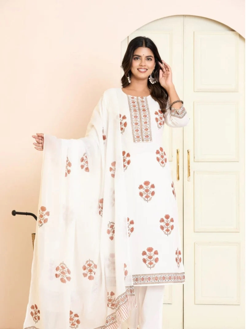White Mul Cotton Floral Printed Straight Suit Set