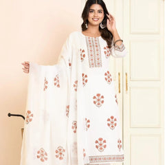 White Mul Cotton Floral Printed Straight Suit Set