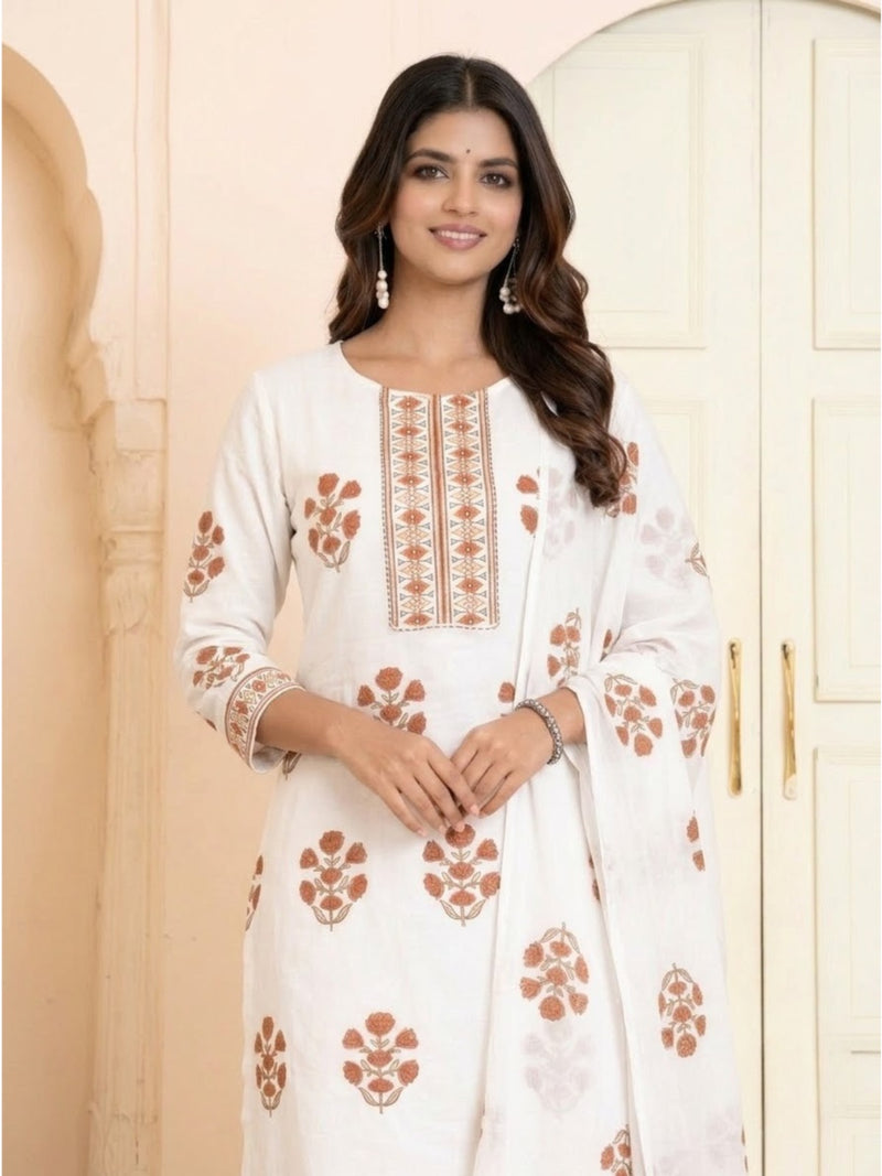 White Mul Cotton Floral Printed Straight Suit Set