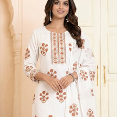 White Mul Cotton Floral Printed Straight Suit Set