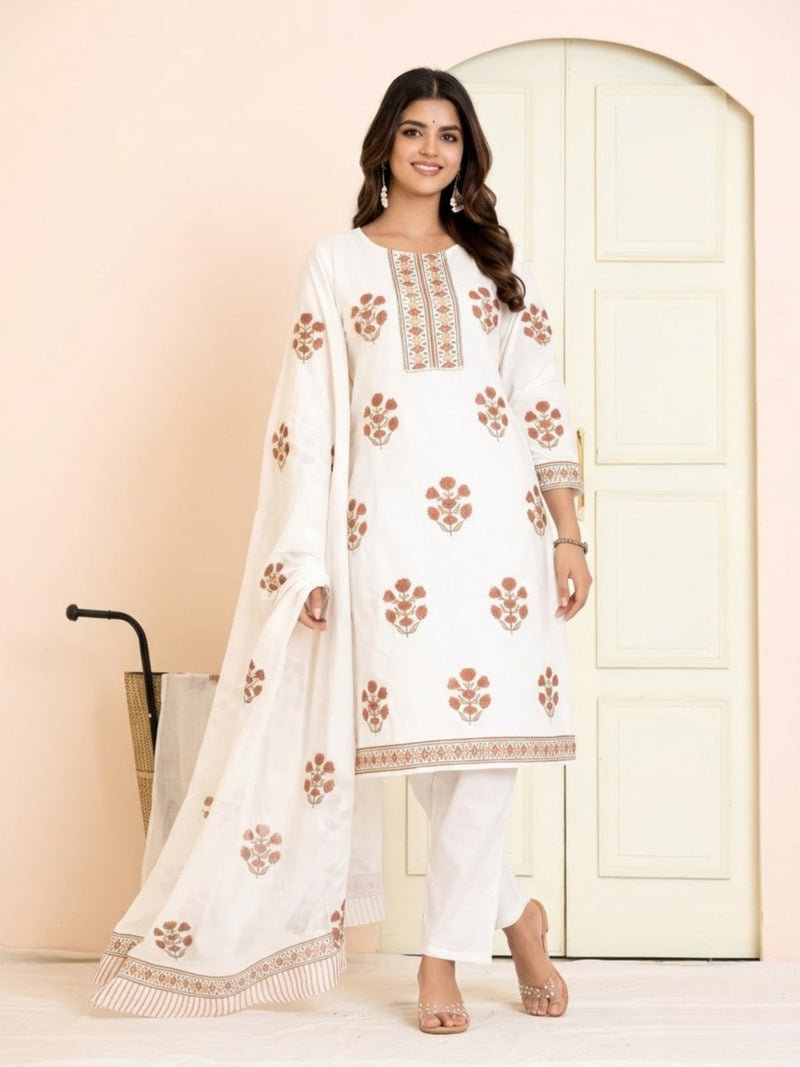 White Mul Cotton Floral Printed Straight Suit Set