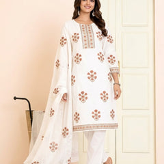 White Mul Cotton Floral Printed Straight Suit Set