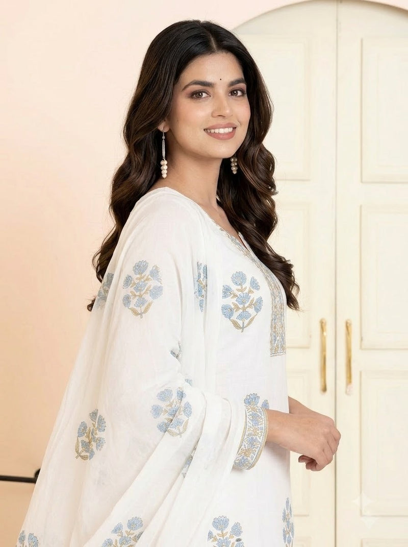 White Mul Cotton Floral Embroidered Straight Suit Set