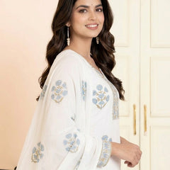 White Mul Cotton Floral Embroidered Straight Suit Set