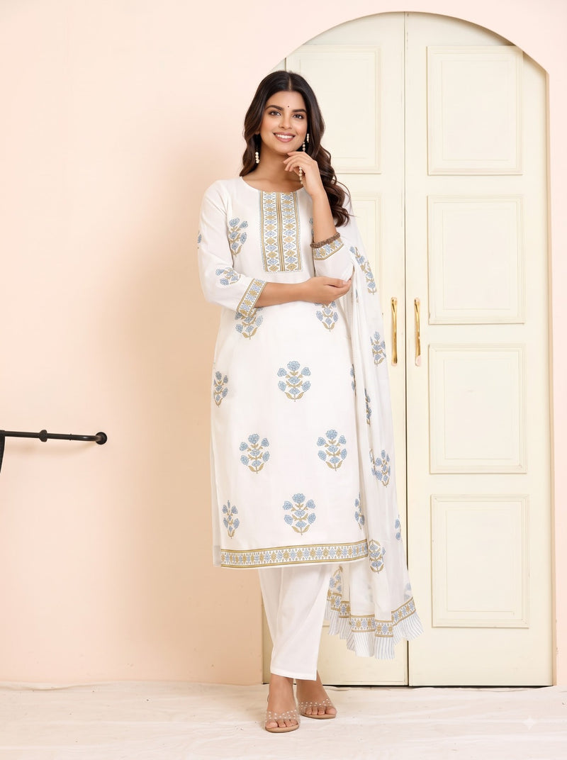 White Mul Cotton Floral Embroidered Straight Suit Set